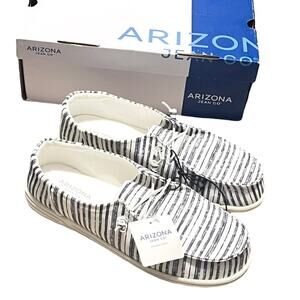 NEW Arizona Jean Co AZ Flipa Loafer SHOES Womens 10M Gray Stripe White Slip Ons